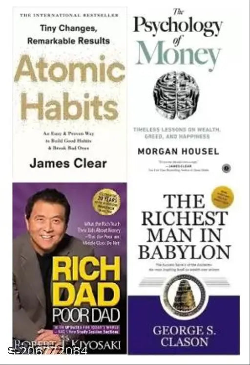 4 Books Combo ATOMIC HABITS+ RICH DAD POOR DAD+ PSYCHOLOGY OF MONEY+ RICHEST MAN IN BABYLON (Paperback Morgan Housel Robert T. Kiyosaki George S. Clason James Clear)