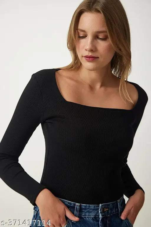 Redamancii Square Neck Full Sleeve Casual Ribbed Top for Girls and Women