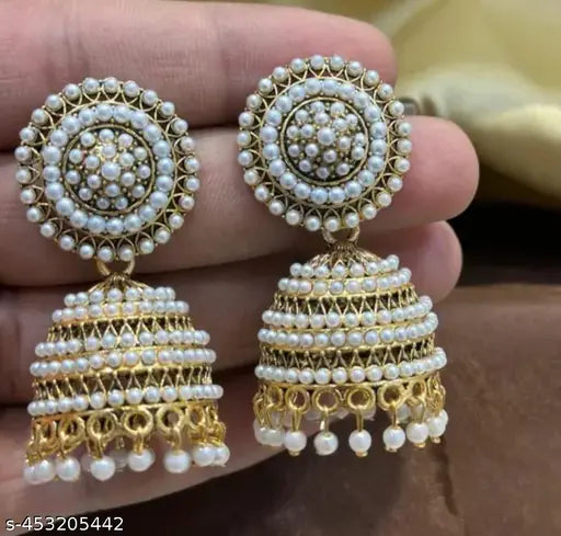 White Jhumka - Women Peral Beaded Jhumka Earrings