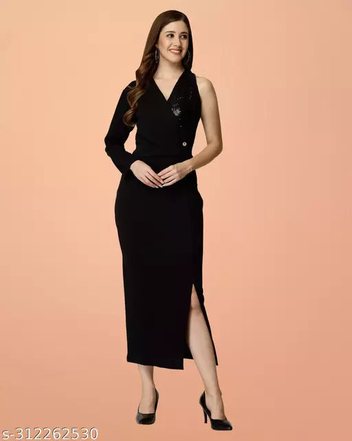 women long dress women bodycon dress for women black color solid one sleeve dress