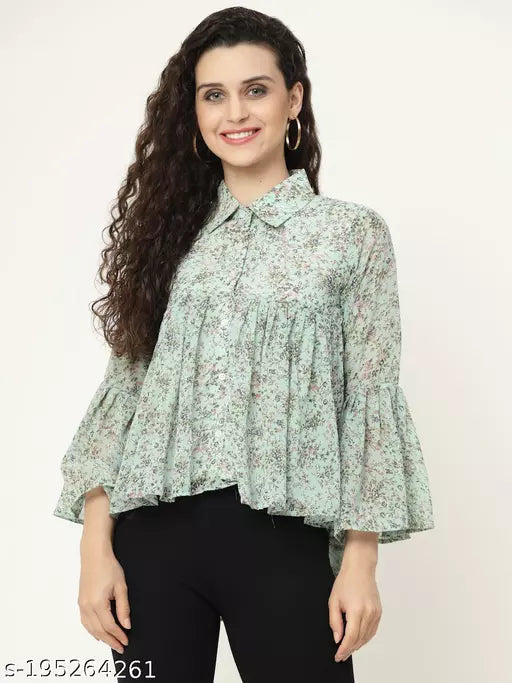 MISS AYSE Western Green Color Georgette Collar Neck Top Top Womens top