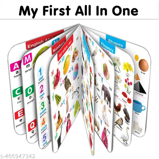 MY FIRST ALL IN ONE BOARD BOOK : With 13 Topics : English Alphabet Hindi Varnamala (Swar) Hindi Varnamala (Vyanjan) Numbers Fruits Vegetables Flowers Birds Domestic Animals Wild Animals Shapes Colours and Body Parts