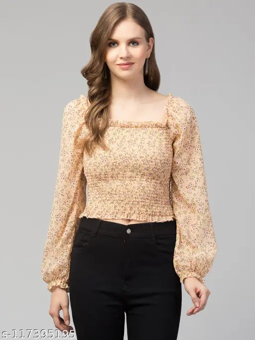 Women Girls Puff Sleeves Floral Smocked Top