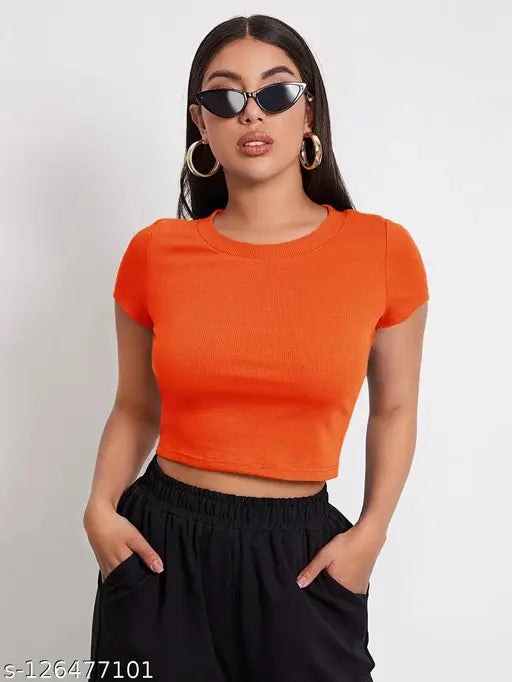 Women Round Neck Half Sleeve Casual Crop Ribbed Top