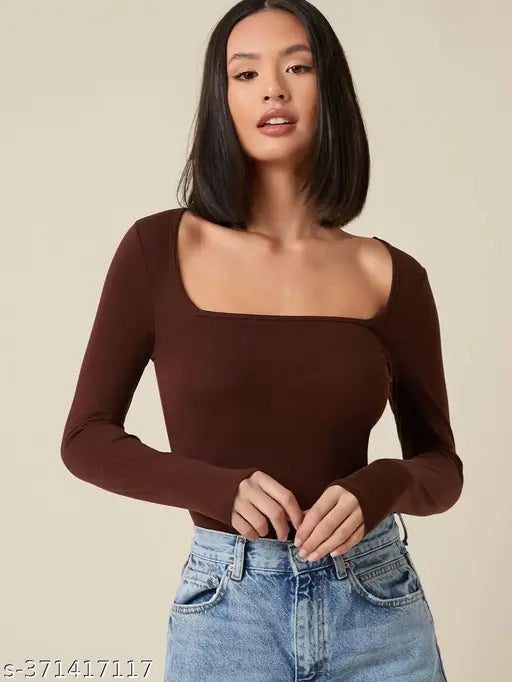 Redamancii Square Neck Full Sleeve Casual Ribbed Top for Girls and Women