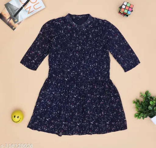 Nature Craft Navy Blue Georgette Floral Half Sleeve knee Length Kids Dress