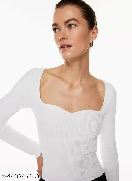 Heart Neckline Rib Top Long Sleeves
