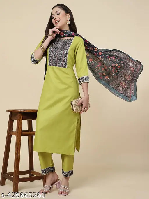Women's Embroidered Kurta and Palazzo with Dupatta Set