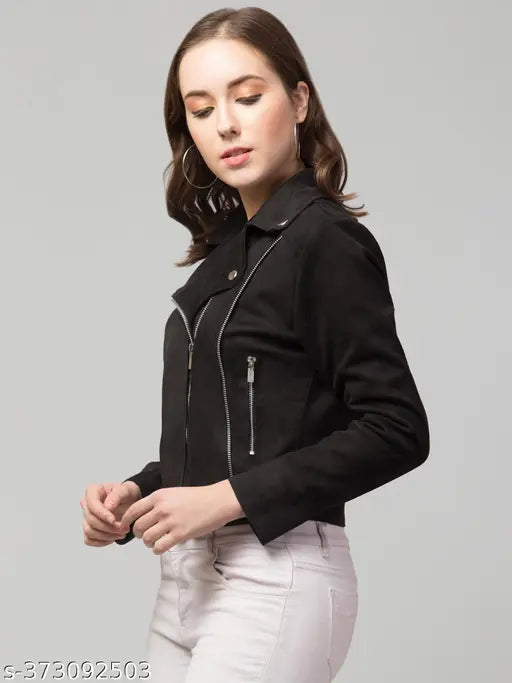 Urban Streetwear Women Classic Winter Suede Zipper Black Jacket