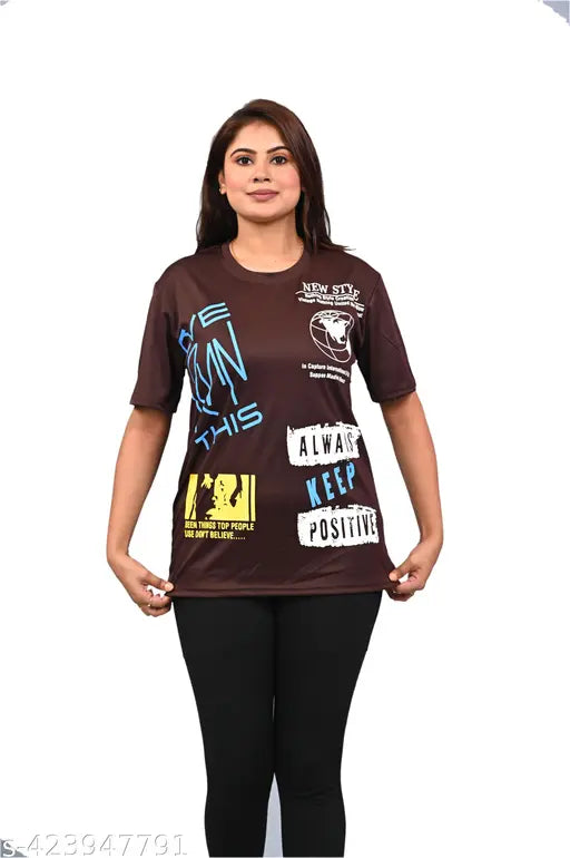 Woman Round Neck Cotton Blend Printed T shirt