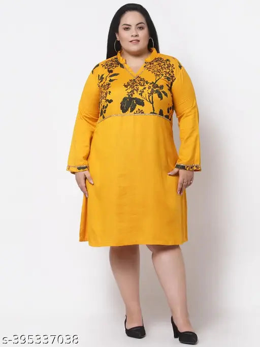 FAZZN Plus Size Yellow Rayon V-Neck Full Sleeves Screen Printed Knee Length Dress