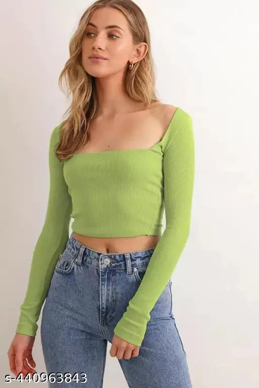 Square Neck Long Sleeves Crop Rib Top