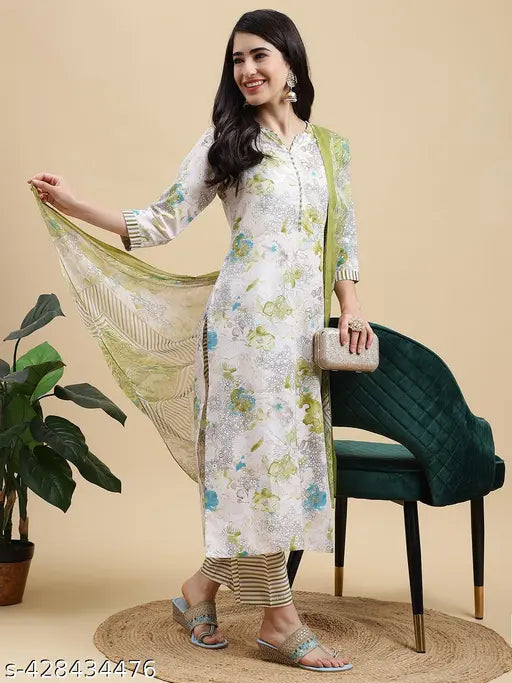 Women's Foil Print Kurta Pant & Dupatta Ethnic Set