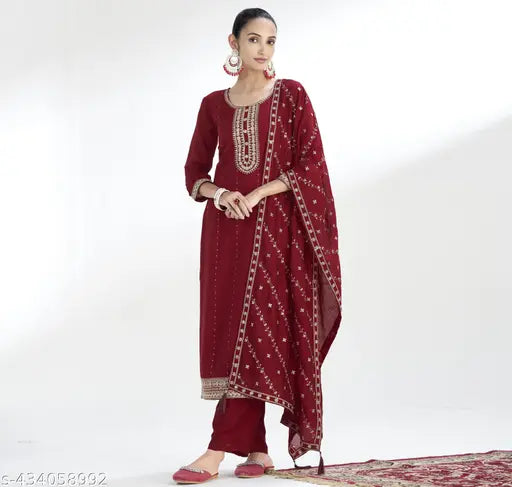 Turritopsis Women's Silk Embroidered Kurta and Pant with Dupatta