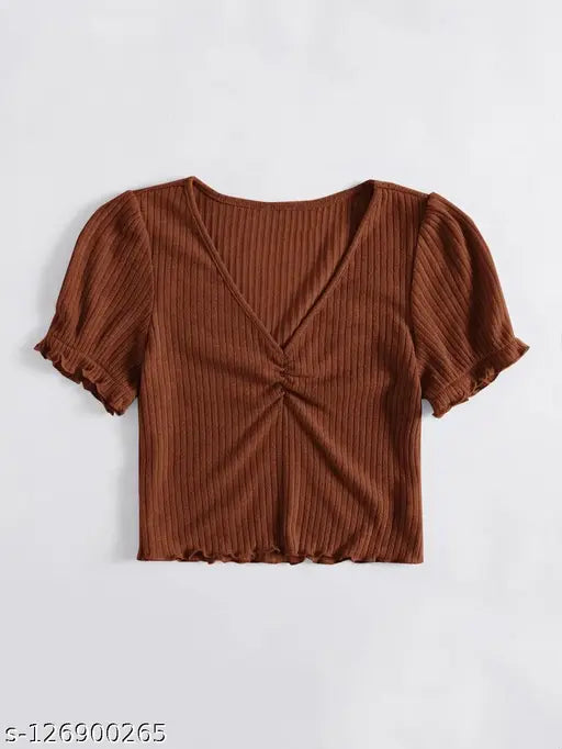 V-Neck Rouched Puffed Half Sleeve Ribbed Crop Tops & Tunics