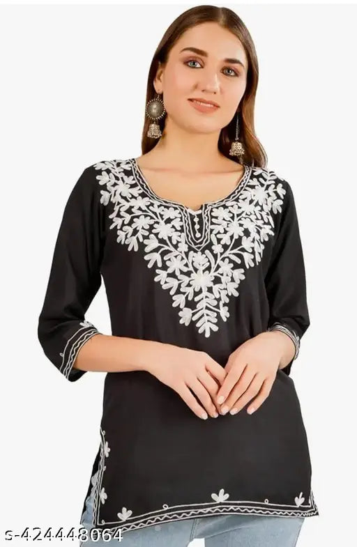 Latest embroidery short kurti black