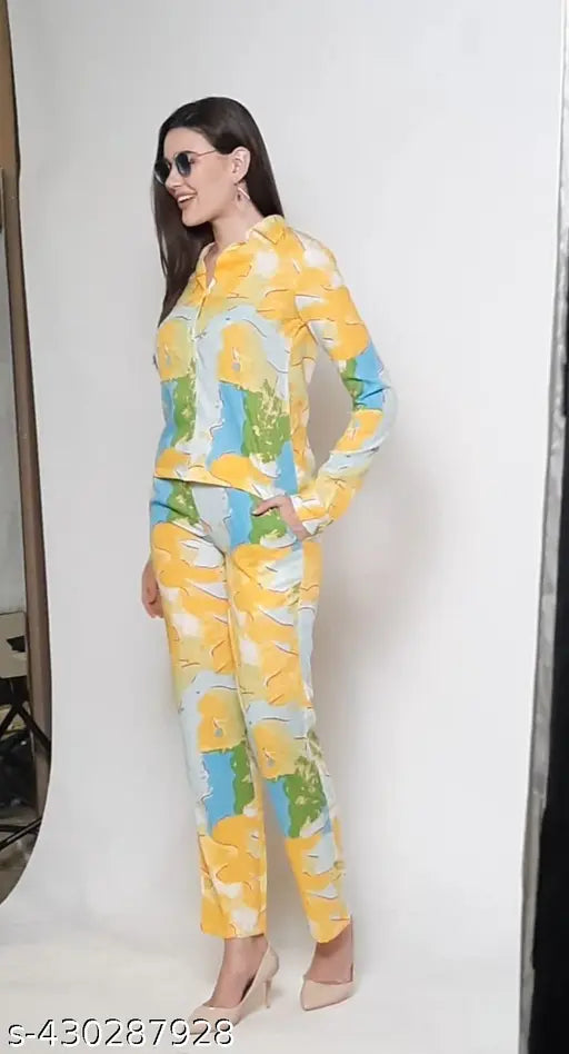 Avyola Women Stylish Cotton Blend Korean Abstract Printed Cuffed Full Sleeves Shirt And Bottom Co-ord Set With Front Pockets For Beach And Summer Occasions Casual And Party Wear