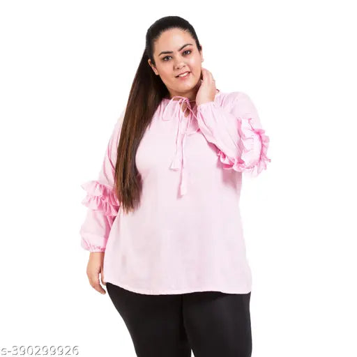 FAZZN Plus Size Pink Rayon Round Neck Full Sleeves Solid Top
