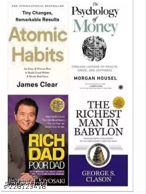 4 Books Combo ATOMIC HABITS+ RICH DAD POOR DAD+ PSYCHOLOGY OF MONEY+ RICHEST MAN IN BABYLON (Paperback Morgan Housel Robert T. Kiyosaki George S. Clason James Clear)