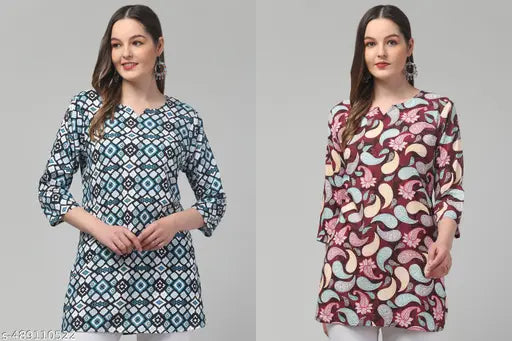 Women printed multicolour 3/4 sleeve rayon short kurti pack of 2