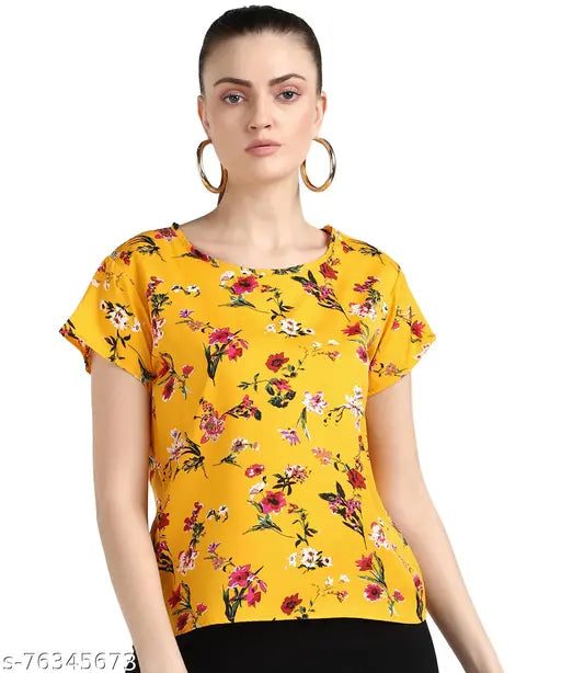 Nature Craft Mustard Floral Printed Keyhole Neck Aline Regular Top