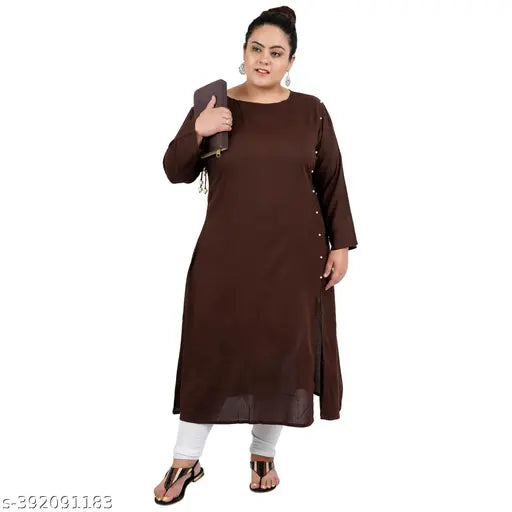 FAZZN Plus Size Customizable Ankle Length Solid Rayon Kurti in Brown
