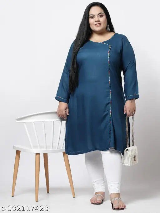FAZZN Plus Size Firozi Rayon Solid Angrakha Kurti with Customization