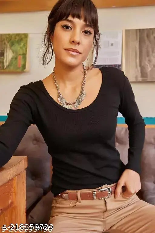 Women Round Scoop Neck Full sleeves Ribbed Top
