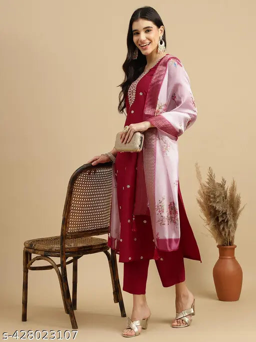 Women's Chinon Kurta & Pant with Dupatta Set