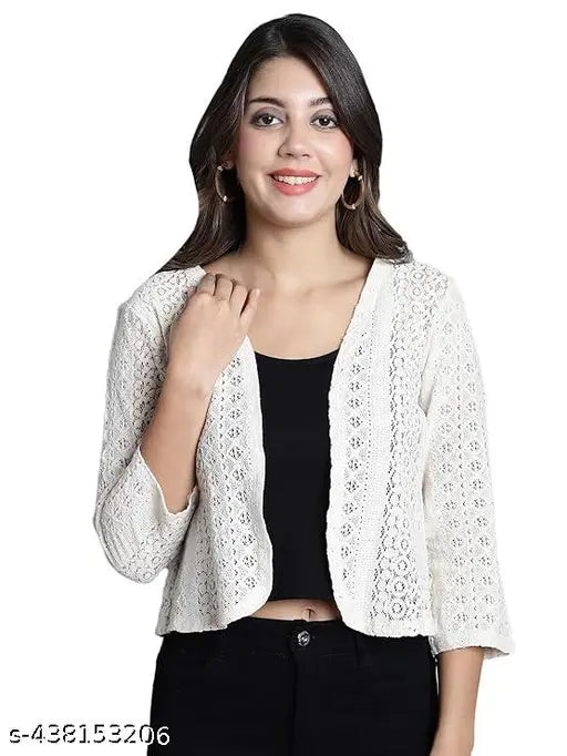 Nature Craft White Cotton Round neck 3/4 Sleeve Shrug for Women&Girls