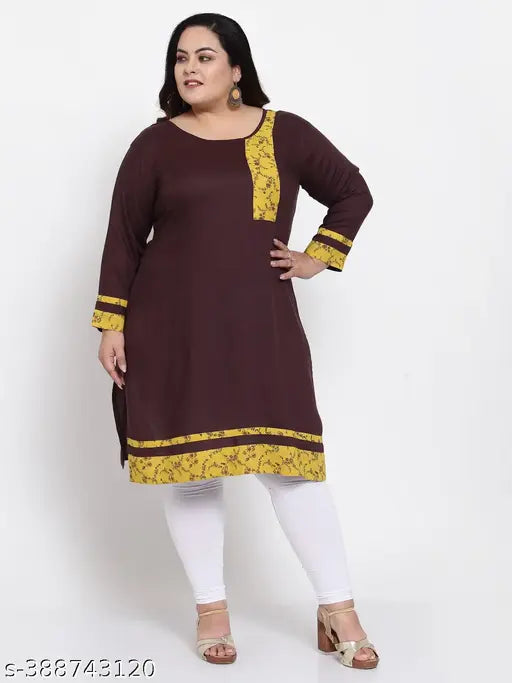 FAZZN Plus Size and Brown A-Line Knee Length Rayon Kurti with Round Neck and Full Sleeves
