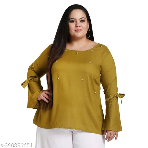 FAZZN Plus Size Elegant Green Round Neck Full Sleeves Rayon Top