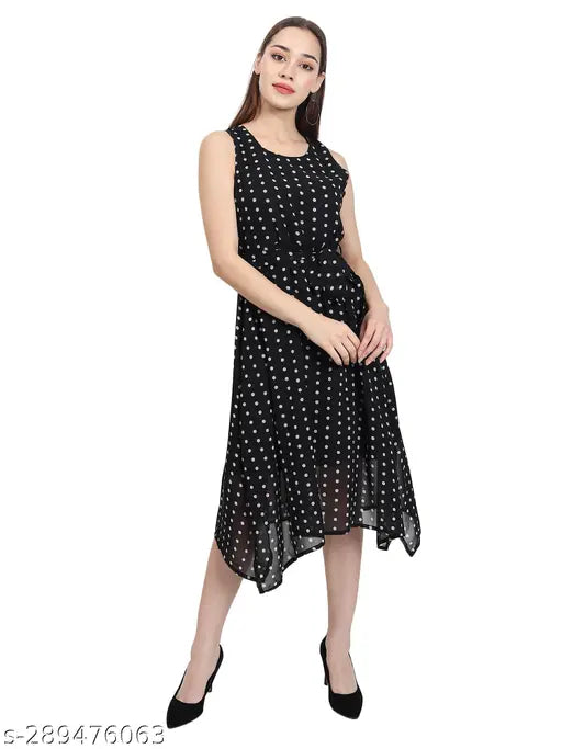 Nature Craft Women Black Georgeot Round Neck Floral Print A-Line Dress