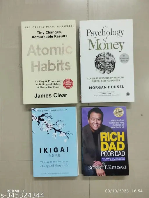 Combo Of 4 Book :- Atomic Habits + The Psychology + Ikigai + Rich Dad Poor dad (English Paperback James Clear Morgan Housel Gracia Hector Robert T. Kiyosaki)