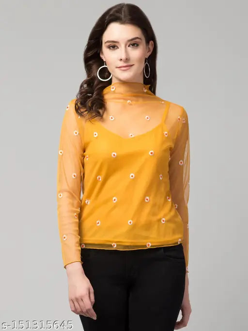 Stylish Embroidered High Neck Mesh Top