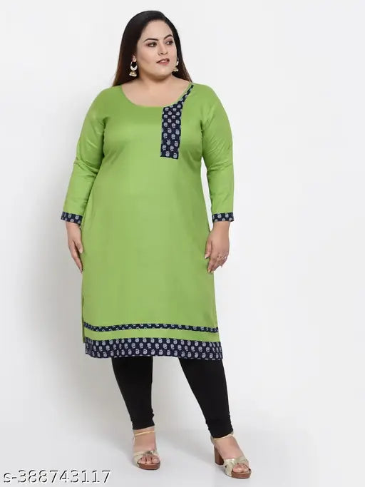FAZZN Plus Size and Green A-Line Knee Length Rayon Kurti with Round Neck and Full Sleeves