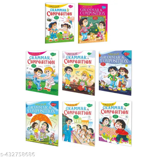 Unique Grammar & Composition – 1 2 3 4 5 6 7 and 8 book for kids : English grammar book Learning english book Grammar learning book for kids - Pack of 8 book for kids.