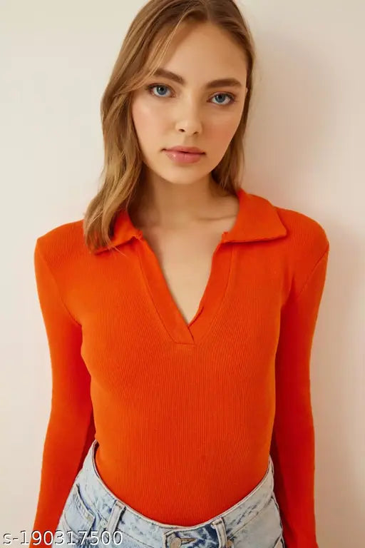 REDAMANCII Polo Full Sleeve Cotton Ribbed top