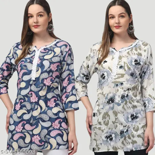 Women printed multicolou rayon embroded short kurti pack of 2