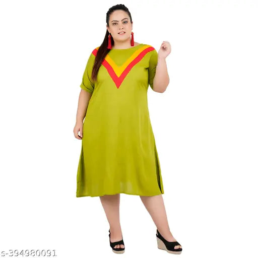 FAZZN Plus Size Green Knee-Length Half Sleeve Rayon Dress with Customization