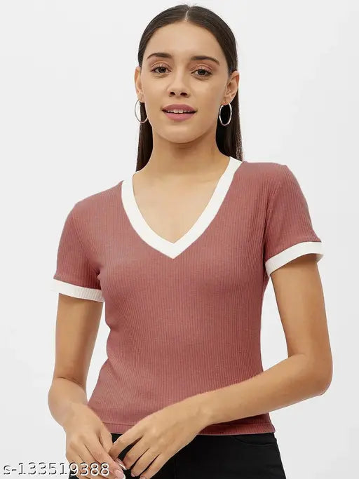V-Neck Contrast Half Sleeve Ribbed Tops & Tunics