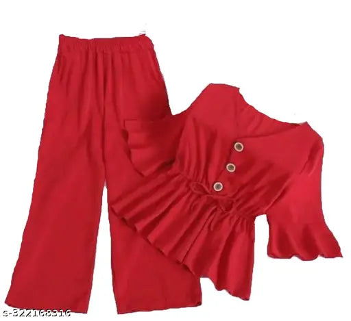 Nature Craft women Crepe Red Top and palazzo set