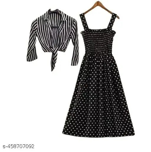 Nature Craft Women Stylish and Trendy Polka Stripe Grey Shrug Smoking Black Dress for women