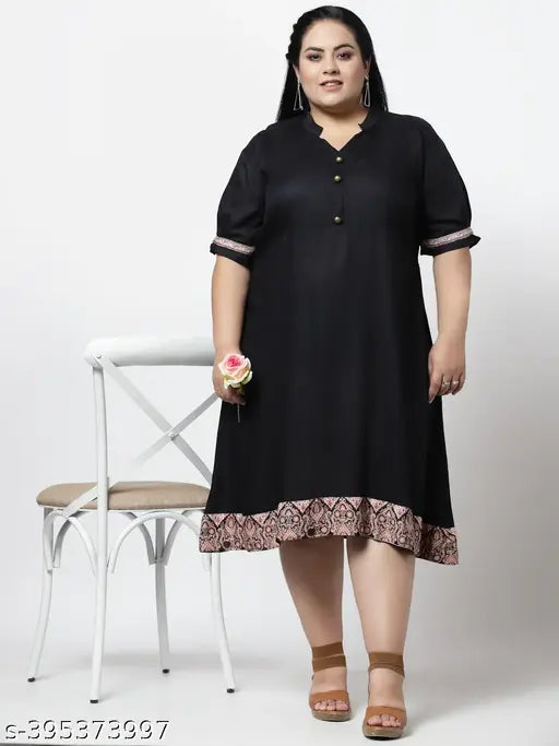 FAZZN Plus Size Customizable Black Digital Printed Rayon Knee-Length V-Neck Dress with Half Sleeves
