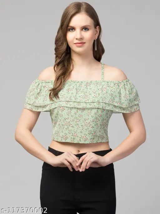 Women Casual Off-Shoulder Floral Frill Green crop Top for women