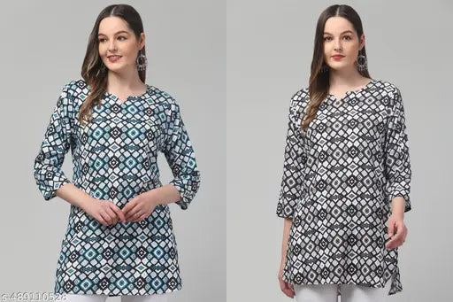 Women printed multicolour 3/4 sleeve rayon short kurti pack of 2