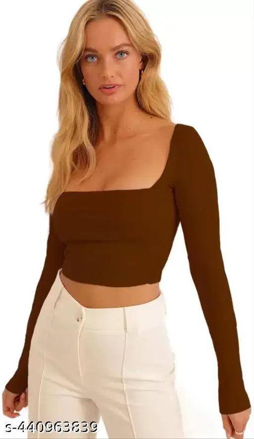 Square Neck Long Sleeves Crop Rib Top