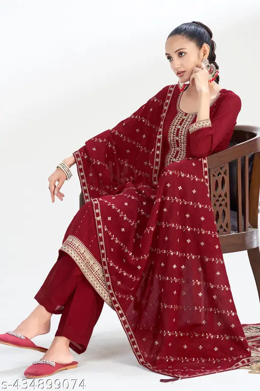 Women's Embroidered Kurta and Pant with Dupatta Set