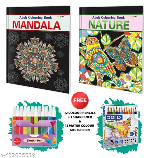 Mandala - Adult Colouring Book Nature - Adult Colouring Book 12 WATER COLOUR SKETCH PEN and 12 COLOUR PENCILS + 1 SHARPENER