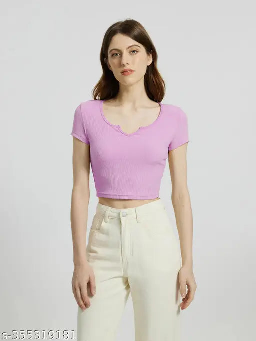 Women Casual Wear V Neck V Cut Half Sleeve Crop Cotton Blend Ribbed Top
